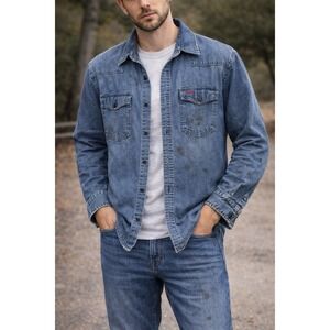 Wrangler Premium Quality Denim Shirt L Men Blue Long Sleeves Western Work